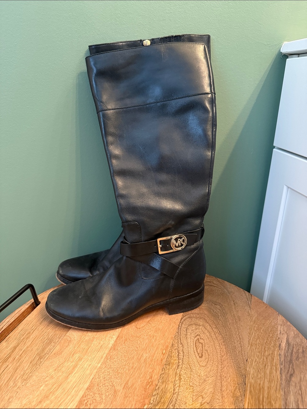 Michael Kors Black Knee High Leather Boots with Gold Logo Accent